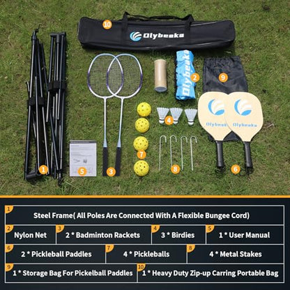 All-in-one Portable Badminton & Pickleball Net Set for Backyard Beach Driveway with Height Adjustable Poles, Durable Net, 2 Aluminum Badminton Rackets + 2 Pickleball Paddles - size: 14 ft