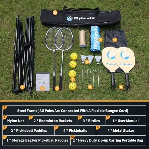 All-in-one Portable Badminton & Pickleball Net Set for Backyard Beach Driveway with Height Adjustable Poles, Durable Net, 2 Aluminum Badminton Rackets + 2 Pickleball Paddles - size: 10 ft