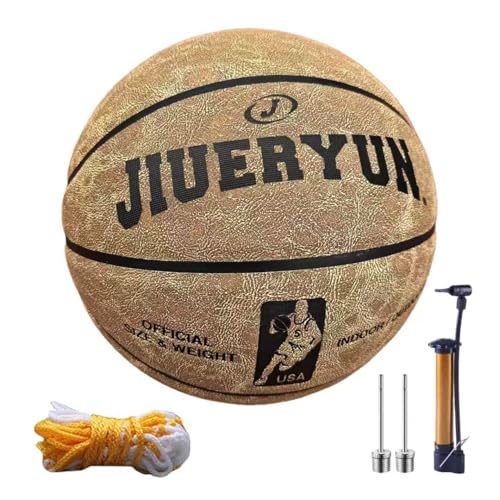 Professional Top-Grain Cowhide Basketball, Indoor Game Leather Ball for Competition & Training - color: Brown