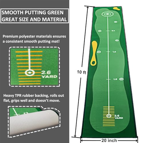 10ft Putting Green Indoor, Golf Putting Mat with Putting Mirror, Storage Bag, Putting Cup, Putting Ring, Roller Brush, Golf Mats Practice Outdoor & Indoor Use, Golf Gifts for Men Golfers