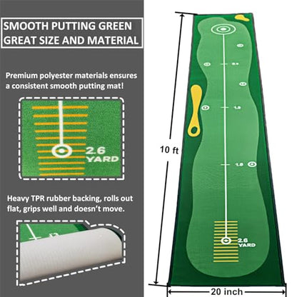 10ft Putting Green Indoor, Golf Putting Mat with Putting Mirror, Storage Bag, Putting Cup, Putting Ring, Roller Brush, Golf Mats Practice Outdoor & Indoor Use, Golf Gifts for Men Golfers