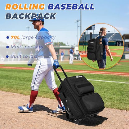 Rolling Baseball Bag with Wheels, 70L Large Capacity Baseball Backpack with Hidden Shoulder Strap, Sturdy Softball Bag with Multi-Pockets, Shoe Compartment, Fence Hooks for Players, Coaches - color: Black