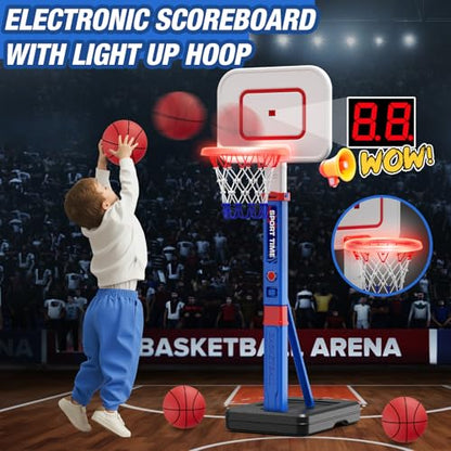 HYES Toddler Basketball Hoop with Scoreboard/LED Basketball Rim/4 Balls, 55" Height Adjustable Basketball Hoop for Kids 3-5, Indoor Outdoor Sport Toys Birthday Gifts for Baby Boys Girls