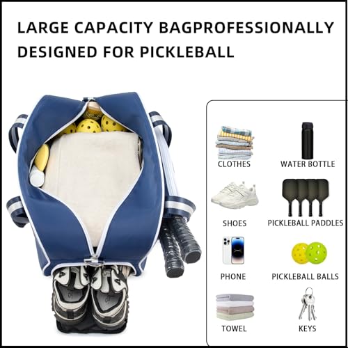 ROYALFAIR Pickleball Tote Bag for Women Men Large Capacity with Paddle Cover Pocket Internal Shoe Pocket and Adjustable Shoulder strap - color: navy blue