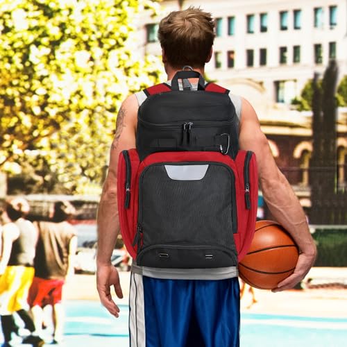 LARIPOP Basketball Backpack with Ball & Ventilated Shoe Compartment Insulated Pockets for Men Youth Training - color: red