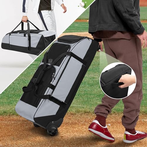 GOBUROS Rolling Baseball Softball Bag with Wheels for 4 Bats, Baseball Duffle Bag with Separate Shoe Space and Multiple Pockets for Softball Equipment, Gray