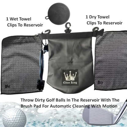 Clean King Golf Club Cleaner Golf Ball Grip Washer Holder Accessories Cleaning On Your Bag ~ 1 Wet Towel 1 Dry Towel 1 Water Reservoir 1 Interior Brush Pad 1 Exterior Brush Groove Tool