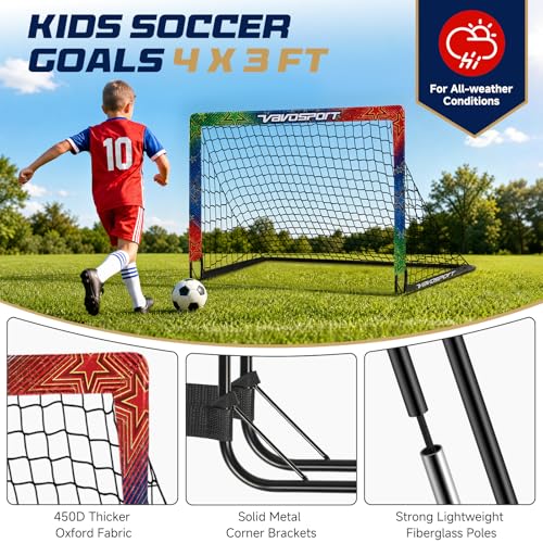 VAVOSPORT Kids Soccer Goals for Backyard Set, 2 Pack Portable Pop Up Soccer Goal with Soccer Net, Size 3 Soccer Ball, Pump, 10 Cones and Carry Bag, Toddler Soccer Training Equipment for Outdoor Games