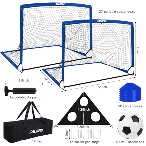 6x4 ft Kids Soccer Goals for Backyard Set of 2- Portable Pop Up Soccer Net for Backyard for Kids Toddler Youth, Soccer Training Equipment+ Soccer Goal Target, Ball and Cones, Outdoor Soccer Game