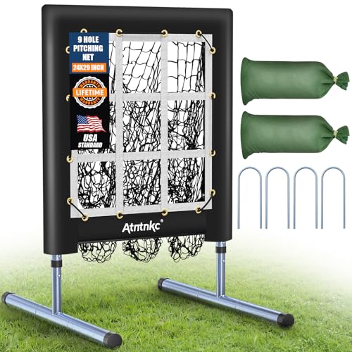 9 Hole Pitching Net with Strike Zone, Heavy-Duty Baseball & Softball Training Equipment for Pitching and Hitting, 5 Height Adjustable 9 Pocket Target, Portable Practice Equipment for All Ages