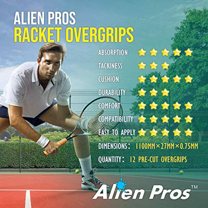 ALIEN PROS Tennis Racket Grip Tape - Precut and Dry Feel Tennis Grip - Tennis Overgrip Grip Tape Tennis Racket - Wrap Your Racquet for High Performance - color: 12-Pack Yellow
