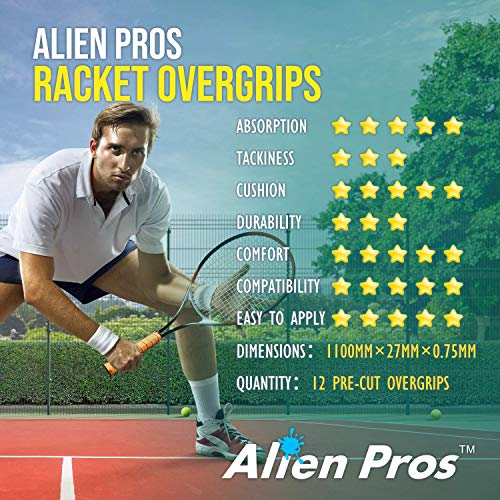ALIEN PROS Tennis Racket Grip Tape - Precut and Dry Feel Tennis Grip - Tennis Overgrip Grip Tape Tennis Racket - Wrap Your Racquet for High Performance - color: 12-Pack Yellow