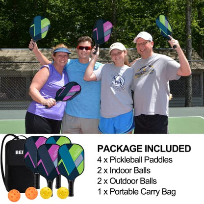 Pickleball Paddles, USAPA Fiberglass Pickleball Paddles Set of 4, Pickleball Set with 4 Pickleball Rackets, Including 4 Pickleballs & 1 Carry Bag, Pickle Ball Paddles Set for Men, Women - color: 4.Green&Pink-set of 4