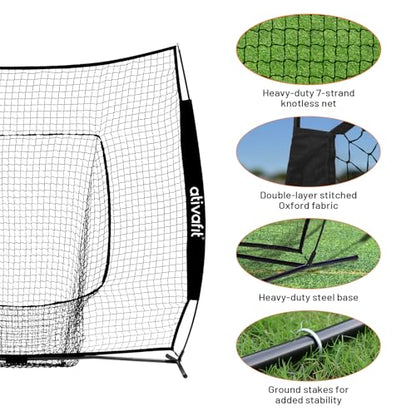 Ativafit 7x7 Baseball Practice Net - Portable Pitching & Batting Training Net with Hung Net*2 - Easy Setup Baseball Net - Includes, Practice Balls*3, Batting Tee*1, Carry Bag*1 - color: BLACK
