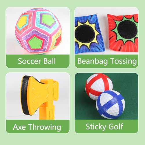 Golf Chipping Game with Stand: 4 in 1 Battle Golf Target Game Set with 16 Sticky Balls, 8 Bean Bags, 2 Soccer Balls, 6 Axes, Indoor Outdoor Yard Games Chipping Practice Mat for Dads Golfers