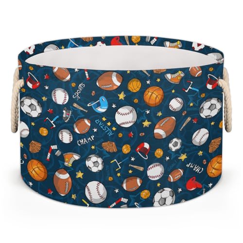 Large Round Storage Basket Sport Basktball Baseball Collapsible Circle Storage Bin Basket Laundry Hamper With Handle for Kids Boy Girls Toy Bedroom Living Room Nursery Room Decor Storage Organizer - color: B01:sport theme 1