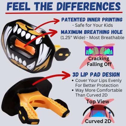 Oral Mart Flag Football Mouth Guard with 3D LipFit Design for Kids - Youth Football Mouthguard (No Boil) Cool Instant Fit Lip Guard Mouthpiece for Braces (Detachable Helmet Strap Included) - color: Tiger Bite