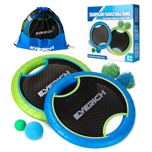 Bouncy Paddle Ball Game for Kids with EVA Foam Trampoline Paddles and Balls, Stringy Ball Toss and Catch Set for Indoor Outdoor Beach Pool Backyard Play, Flying Disc Gift for Boys & Girls