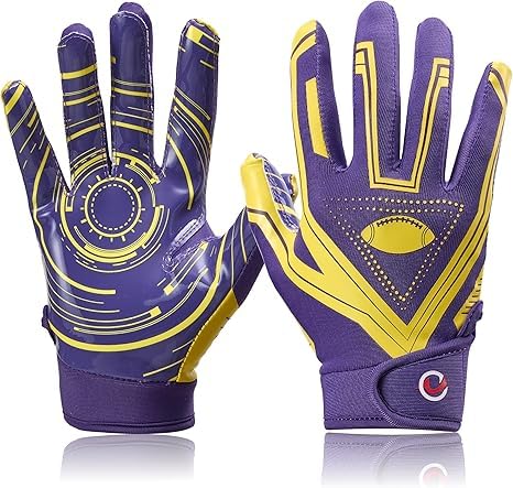 Youth Football Gloves Ultra-Sticky Receiver Gloves for Kids, for Boys/Girls - color: Purple/Yellow, size: Youth XL(6.5"-7")