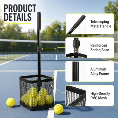 Pickleball Picker Upper 20+ Ball Capacity Foldable Pickleball Hopper Storage Basket Telescopic Handle Ball Retriever for No Bending Lightweight Pickleball Accessories for Coaches Players
