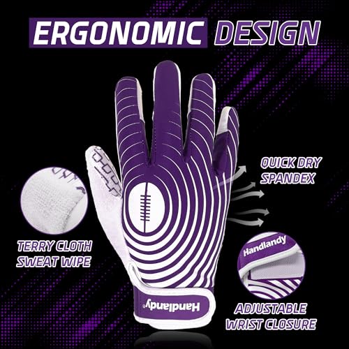 HANDLANDY Youth Football Gloves, Kids Sticky Receiver Gloves,Super Grip Football Glove Best Gift for Boys,Girls - color: White and Purple, size: X-Small-Youth