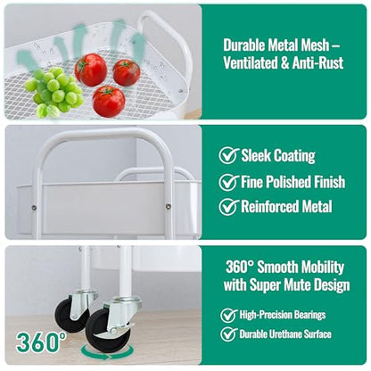 3-Tier Metal Rolling Cart with Wheels, Storage Utility Organizer Cart for Kitchen, Bathroom, Office, Baby Essentials & Makeup - Lockable Casters, Easy Assembly, Large Capacity, White