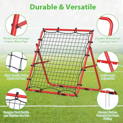 Baseball Rebounder Net, Metal Frame & High-Tension PE Net, Lacrosse Bounce Back PracticeTraining Equipment, Adjustable Softball Pitchback Net, Perfect for Improving Balls Training Skills - color: Red