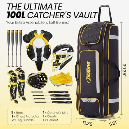 100L Rolling Catchers Gear Bag - Large Baseball & Softball Duffle with 5 Fence Hooks, Locker-Style Organizer, Holds 8 Bats, Vented Shoe Zone - Essential Pro Edition - color: Prime Black
