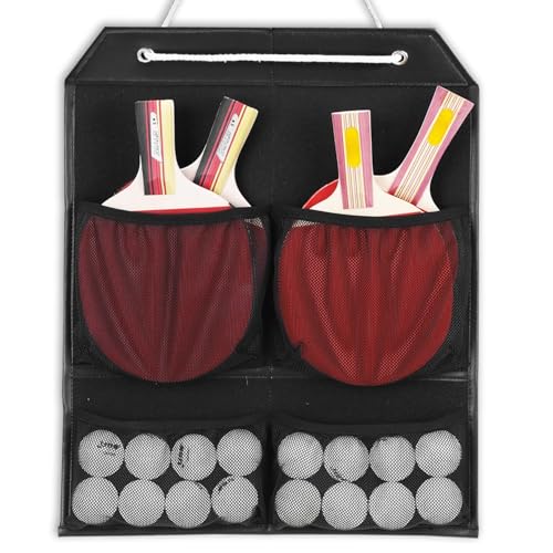 VISEMAN Ping Pong Storage Rack, Table Tennis Racket Holder Wall Mount Organizer for 4 Paddles and Balls - color: Short Black
