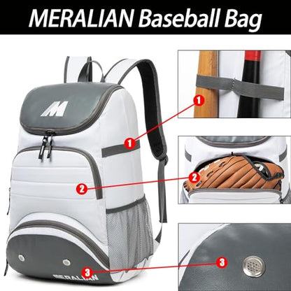 Baseball Bag - Lightweight Softball & T-Ball Backpack with Shoe Compartment for Equipment & Gear - color: WHITE