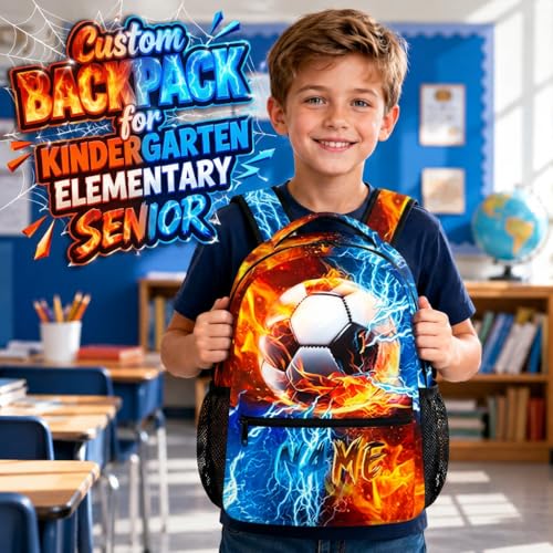 Custom Backpack for Kids Boys Soccer Bookbag for School Elementary Middle Primary, Lightweight Back to School Supplies - color: Black