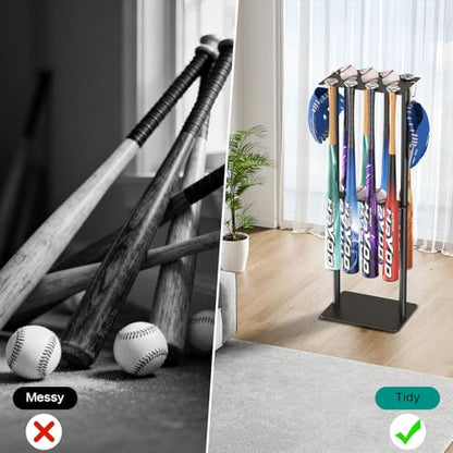 QBA Baseball Bat Holder Stand, Free Standing Bat Rack Holds Up to 8 Bats, 5 Balls, 4pcs Gloves, Bat Organizer for Home Garage Dugout, Black