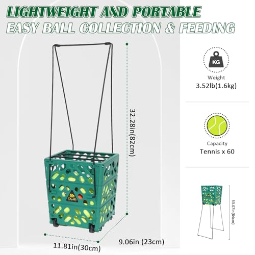 Tennis Ball Hopper with Wheels, 60-Ball Rolling Tennis Basket with 4 Wheels, Lightweight Portable Ball Collector for Tennis Practice, Coaching Drills, Court Training