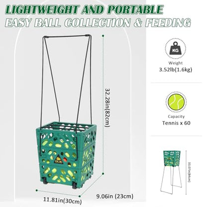 Tennis Ball Hopper with Wheels, 60-Ball Rolling Tennis Basket with 4 Wheels, Lightweight Portable Ball Collector for Tennis Practice, Coaching Drills, Court Training
