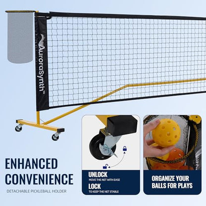 AuroraSynth Portable Pickleball Net Set with Wheels, 22 x 3ft Regulation Size Pickle Ball Net with Ball Collector, 4 Pickle Balls, 4 Pickleball Paddles, Carry Bag for Backyards, Driveway, Garage