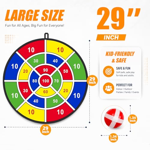 BooTaa 29" Large Dart Board for Kids, Kids Dart Board with Sticky Balls, Boys Toys, Indoor/Sport Outdoor Fun Party Play Game Toys, Birthday Gifts for 3 4 5 6 7 8 9 10 11 12 Year Old Boys Girls - style: 100 Scores
