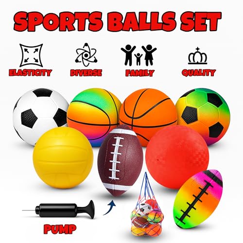 8 Pack Balls for Toddlers Kids, 5 Inch Soccer Balls, Football, Basketball, Beach Balls, Kickball for Outdoor & Indoor Games, Sport Ball Set with Pump and Storage Bag, Boys and Girls Gift