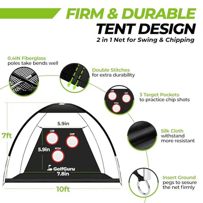 Golfguru All in 1 Golf Practice Net - 10x7ft with Pro Chipping Target, Tri-Turf Mat, 10 Balls, 7 Tees, 2 Rubber Tees, Carry Bag for Backyard Driving Chipping