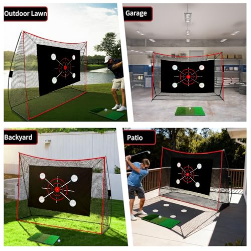 Golf Net, 10x7FT with Golf Practice Mat, Hitting Aid Net with Multi Targets Training for Backyard Driving Chipping Indoor Outdoor Use, 7-Ply Anti-Tear Netting & Carry Bag, Gifts for Men Dad Him Golfer