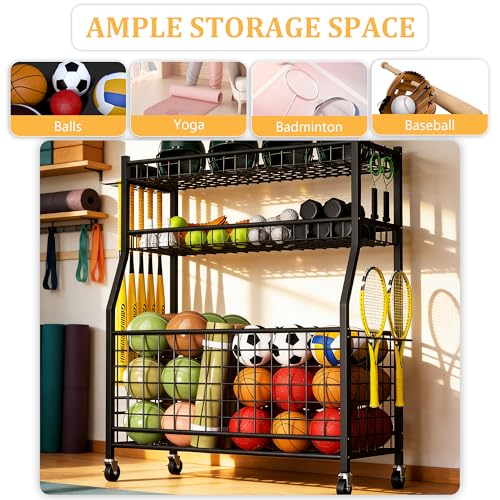 YOHKOH Sports Organizer for Garage, Large Sports Equipment Organizer Cart with 5 Baseball Stick Holders, Ball Storage Rack, Heavy-Duty Garage Sports Gear Storage with Wheels