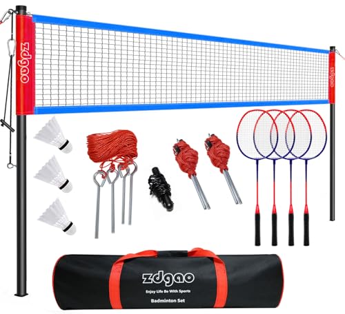 Zdgao Badminton Sets for Backyard, Portable Badminton Net with Tension Adjuster, Badminton Racket Set of 4, 3 Nylon Shuttlecocks, Boundary Line and Carry Bag for Backyard Beach Family Games - color: RED&BLUE