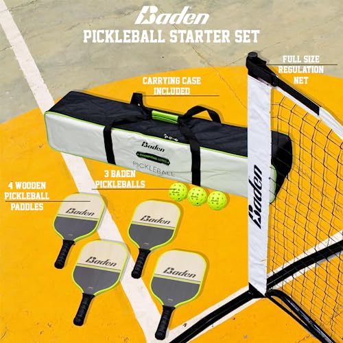 Baden Champions Portable Outdoor Official Size Pickleball Net Set - 22 ft Net, 3 Balls, 4 Wood Paddles & Carrying Case