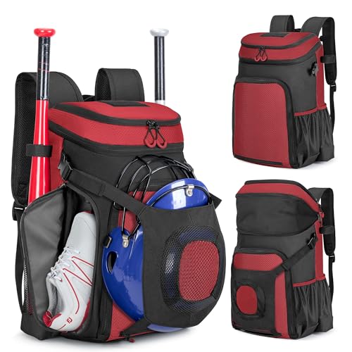 Smasrob Baseball Bag for Adult and Youth, Baseball Backpack Softball Bag with Helmet Holder, Shoe Compartment and Fence Hook - color: Red