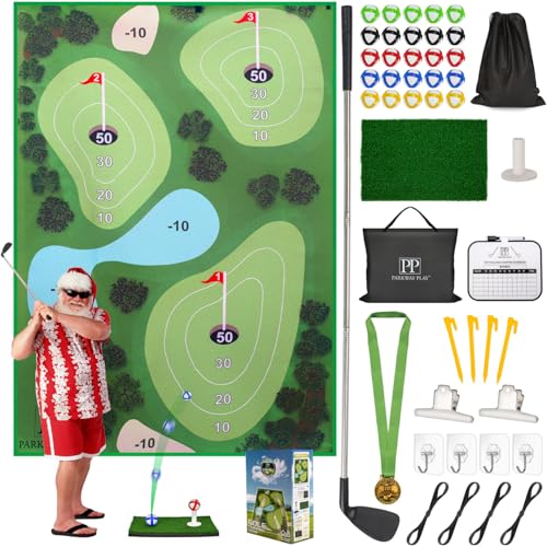 Golf Chipping Mat with Adjustable Golf Club - 48 Piece Outdoor Indoor Golf Game for 1-5 Players - Giant Turf Hitting Mat with Tee, 25 Sticky Balls, Travel Bag Included - Golf Gift for Teens & Adults
