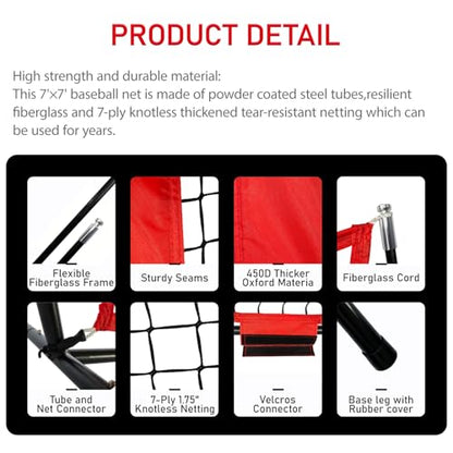 7x7 Ft Baseball and Softball Training Net with Batting Tee, Strike Zone Target, Portable Hitting and Pitching Practice Set - color: Red