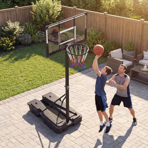 Goplus Foldable Basketball Hoop, 10 FT Stepless Adjustable Basketball Goal System w/Fillable Base, Wheels & Shatterproof PC Backboard for Adults, Indoor Outdoor Portable Basketball Stand for Backyard