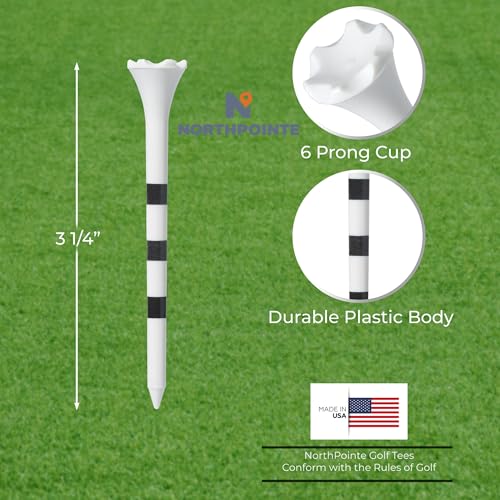 NorthPointe 3 ¼” Plastic Golf Tees – White with Black Stripes - 100 Golf Tees Plastic in Bulk