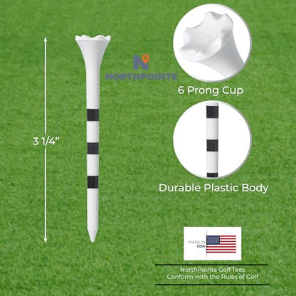 NorthPointe 3 ¼” Plastic Golf Tees – White with Black Stripes - 100 Golf Tees Plastic in Bulk