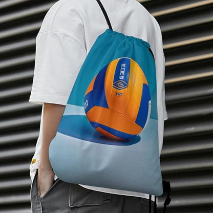 Blue Volleyball Drawstring Backpack Foldable Gym Sackpack for Basketball Soccer Swim Yoga Sport Gear Beach