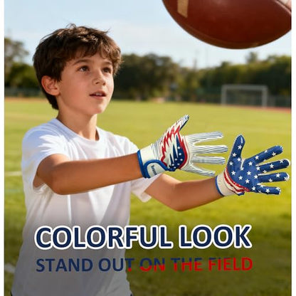 Youth Football Gloves for Boys Girls, Kids Receiver Gloves with Sticky Silicone Grip, Breathable Flag Football Gloves with Snap Button & Adjustable Wrist Strap for Practice Games - size: Medium-Large